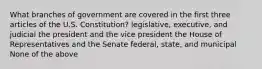 What branches of government are covered in the first three articles of the U.S. Constitution? legislative, executive, and judicial the president and the vice president the House of Representatives and the Senate federal, state, and municipal None of the above