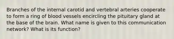 Branches of the internal carotid and vertebral arteries cooperate to form a ring of blood vessels encircling the pituitary gland at the base of the brain. What name is given to this communication network? What is its function?