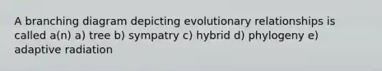 A branching diagram depicting evolutionary relationships is called a(n) a) tree b) sympatry c) hybrid d) phylogeny e) adaptive radiation