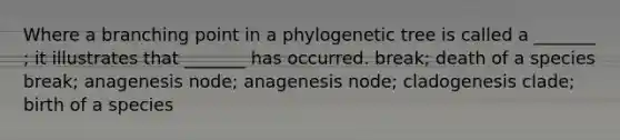 Where a branching point in a phylogenetic tree is called a _______ ; it illustrates that _______ has occurred. break; death of a species break; anagenesis node; anagenesis node; cladogenesis clade; birth of a species