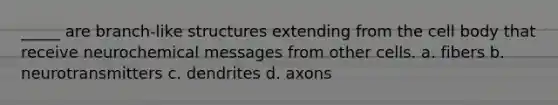 _____ are branch-like structures extending from the cell body that receive neurochemical messages from other cells. a. fibers b. neurotransmitters c. dendrites d. axons