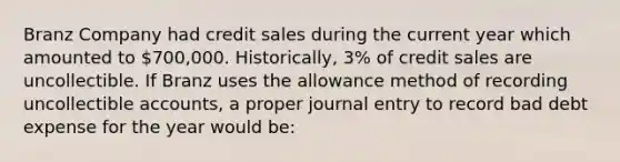 Branz Company had credit sales during the current year which amounted to 700,000. Historically, 3% of credit sales are uncollectible. If Branz uses the allowance method of recording uncollectible accounts, a proper journal entry to record bad debt expense for the year would be: