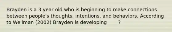 Brayden is a 3 year old who is beginning to make connections between people's thoughts, intentions, and behaviors. According to Wellman (2002) Brayden is developing ____?