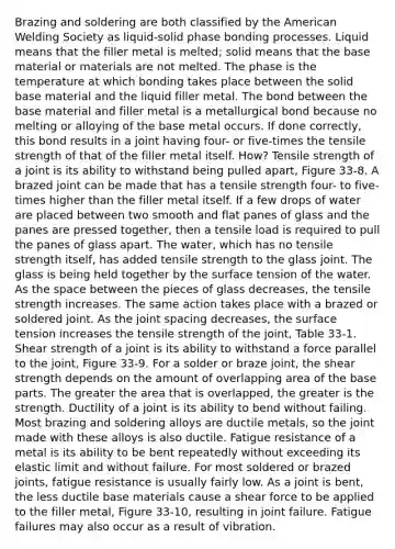 Brazing and soldering are both classified by the American Welding Society as liquid-solid phase bonding processes. Liquid means that the filler metal is melted; solid means that the base material or materials are not melted. The phase is the temperature at which bonding takes place between the solid base material and the liquid filler metal. The bond between the base material and filler metal is a metallurgical bond because no melting or alloying of the base metal occurs. If done correctly, this bond results in a joint having four- or five-times the tensile strength of that of the filler metal itself. How? Tensile strength of a joint is its ability to withstand being pulled apart, Figure 33-8. A brazed joint can be made that has a tensile strength four- to five-times higher than the filler metal itself. If a few drops of water are placed between two smooth and flat panes of glass and the panes are pressed together, then a tensile load is required to pull the panes of glass apart. The water, which has no tensile strength itself, has added tensile strength to the glass joint. The glass is being held together by the surface tension of the water. As the space between the pieces of glass decreases, the tensile strength increases. The same action takes place with a brazed or soldered joint. As the joint spacing decreases, the surface tension increases the tensile strength of the joint, Table 33-1. Shear strength of a joint is its ability to withstand a force parallel to the joint, Figure 33-9. For a solder or braze joint, the shear strength depends on the amount of overlapping area of the base parts. The greater the area that is overlapped, the greater is the strength. Ductility of a joint is its ability to bend without failing. Most brazing and soldering alloys are ductile metals, so the joint made with these alloys is also ductile. Fatigue resistance of a metal is its ability to be bent repeatedly without exceeding its elastic limit and without failure. For most soldered or brazed joints, fatigue resistance is usually fairly low. As a joint is bent, the less ductile base materials cause a shear force to be applied to the filler metal, Figure 33-10, resulting in joint failure. Fatigue failures may also occur as a result of vibration.