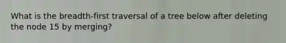 What is the breadth-first traversal of a tree below after deleting the node 15 by merging?