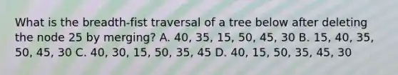 What is the breadth-fist traversal of a tree below after deleting the node 25 by merging? A. 40, 35, 15, 50, 45, 30 B. 15, 40, 35, 50, 45, 30 C. 40, 30, 15, 50, 35, 45 D. 40, 15, 50, 35, 45, 30