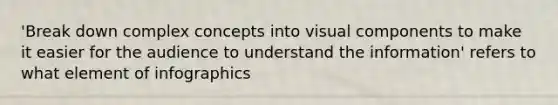 'Break down complex concepts into visual components to make it easier for the audience to understand the information' refers to what element of infographics