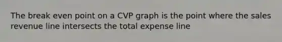 The break even point on a CVP graph is the point where the sales revenue line intersects the total expense line