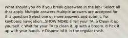 What should you do if you break glassware in the lab? Select all that apply. Multiple answers:Multiple answers are accepted for this question Select one or more answers and submit. For keyboard navigation...SHOW MORE a Tell your TA. b Clean it up yourself. c Wait for your TA to clean it up with a broom. d Pick it up with your hands. e Dispose of it in the regular trash.