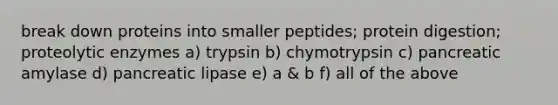 break down proteins into smaller peptides; protein digestion; proteolytic enzymes a) trypsin b) chymotrypsin c) pancreatic amylase d) pancreatic lipase e) a & b f) all of the above