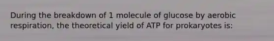 During the breakdown of 1 molecule of glucose by <a href='https://www.questionai.com/knowledge/kyxGdbadrV-aerobic-respiration' class='anchor-knowledge'>aerobic respiration</a>, the theoretical yield of ATP for prokaryotes is: