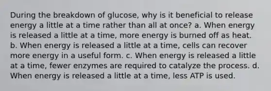 During the breakdown of glucose, why is it beneficial to release energy a little at a time rather than all at once? a. When energy is released a little at a time, more energy is burned off as heat. b. When energy is released a little at a time, cells can recover more energy in a useful form. c. When energy is released a little at a time, fewer enzymes are required to catalyze the process. d. When energy is released a little at a time, less ATP is used.