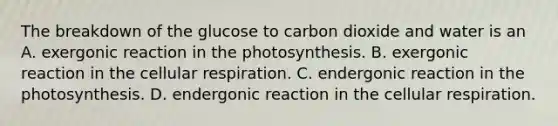 The breakdown of the glucose to carbon dioxide and water is an A. exergonic reaction in the photosynthesis. B. exergonic reaction in the <a href='https://www.questionai.com/knowledge/k1IqNYBAJw-cellular-respiration' class='anchor-knowledge'>cellular respiration</a>. C. endergonic reaction in the photosynthesis. D. endergonic reaction in the cellular respiration.