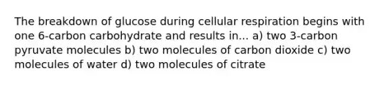 The breakdown of glucose during cellular respiration begins with one 6-carbon carbohydrate and results in... a) two 3-carbon pyruvate molecules b) two molecules of carbon dioxide c) two molecules of water d) two molecules of citrate