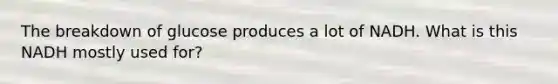 The breakdown of glucose produces a lot of NADH. What is this NADH mostly used for?