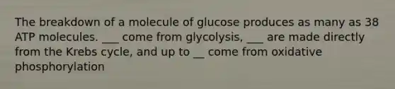 The breakdown of a molecule of glucose produces as many as 38 ATP molecules. ___ come from glycolysis, ___ are made directly from the <a href='https://www.questionai.com/knowledge/kqfW58SNl2-krebs-cycle' class='anchor-knowledge'>krebs cycle</a>, and up to __ come from <a href='https://www.questionai.com/knowledge/kFazUb9IwO-oxidative-phosphorylation' class='anchor-knowledge'>oxidative phosphorylation</a>