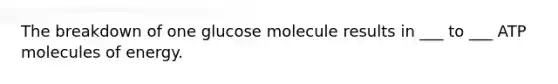 The breakdown of one glucose molecule results in ___ to ___ ATP molecules of energy.