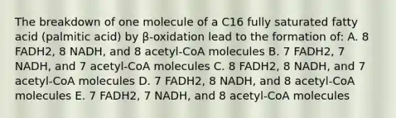 The breakdown of one molecule of a C16 fully saturated fatty acid (palmitic acid) by β-oxidation lead to the formation of: A. 8 FADH2, 8 NADH, and 8 acetyl-CoA molecules B. 7 FADH2, 7 NADH, and 7 acetyl-CoA molecules C. 8 FADH2, 8 NADH, and 7 acetyl-CoA molecules D. 7 FADH2, 8 NADH, and 8 acetyl-CoA molecules E. 7 FADH2, 7 NADH, and 8 acetyl-CoA molecules