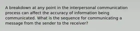 A breakdown at any point in the interpersonal communication process can affect the accuracy of information being communicated. What is the sequence for communicating a message from the sender to the receiver?