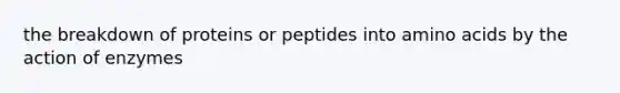 the breakdown of proteins or peptides into <a href='https://www.questionai.com/knowledge/k9gb720LCl-amino-acids' class='anchor-knowledge'>amino acids</a> by the action of enzymes