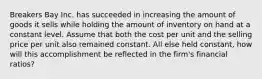 Breakers Bay Inc. has succeeded in increasing the amount of goods it sells while holding the amount of inventory on hand at a constant level. Assume that both the cost per unit and the selling price per unit also remained constant. All else held constant, how will this accomplishment be reflected in the firm's financial ratios?