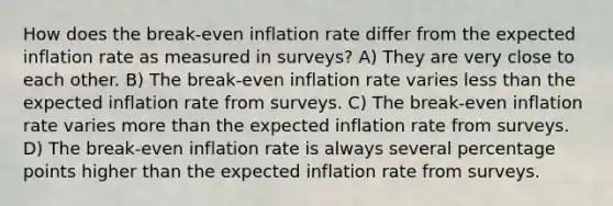 How does the break-even inflation rate differ from the expected inflation rate as measured in surveys? A) They are very close to each other. B) The break-even inflation rate varies <a href='https://www.questionai.com/knowledge/k7BtlYpAMX-less-than' class='anchor-knowledge'>less than</a> the expected inflation rate from surveys. C) The break-even inflation rate varies <a href='https://www.questionai.com/knowledge/keWHlEPx42-more-than' class='anchor-knowledge'>more than</a> the expected inflation rate from surveys. D) The break-even inflation rate is always several percentage points higher than the expected inflation rate from surveys.