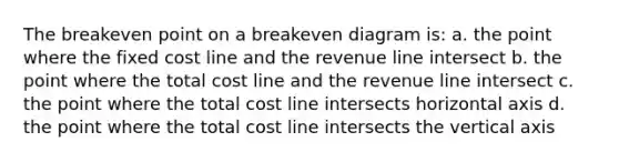 The breakeven point on a breakeven diagram is: a. the point where the fixed cost line and the revenue line intersect b. the point where the total cost line and the revenue line intersect c. the point where the total cost line intersects horizontal axis d. the point where the total cost line intersects the vertical axis