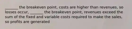 _______ the breakeven point, costs are higher than revenues, so losses occur, _______ the breakeven point, revenues exceed the sum of the fixed and variable costs required to make the sales, so profits are generated