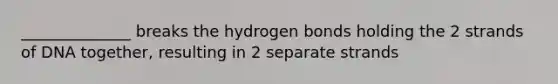 ______________ breaks the hydrogen bonds holding the 2 strands of DNA together, resulting in 2 separate strands