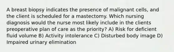 A breast biopsy indicates the presence of malignant cells, and the client is scheduled for a mastectomy. Which nursing diagnosis would the nurse most likely include in the clients preoperative plan of care as the priority? A) Risk for deficient fluid volume B) Activity intolerance C) Disturbed body image D) Impaired urinary elimination