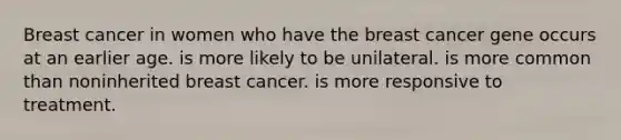 Breast cancer in women who have the breast cancer gene occurs at an earlier age. is more likely to be unilateral. is more common than noninherited breast cancer. is more responsive to treatment.