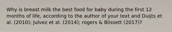 Why is breast milk the best food for baby during the first 12 months of life, according to the author of your text and Duijts et al. (2010); Julvez et al. (2014); rogers & Blissett (2017)?