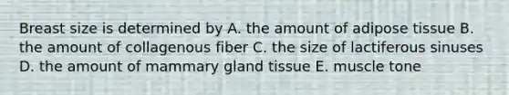 Breast size is determined by A. the amount of adipose tissue B. the amount of collagenous fiber C. the size of lactiferous sinuses D. the amount of mammary gland tissue E. muscle tone