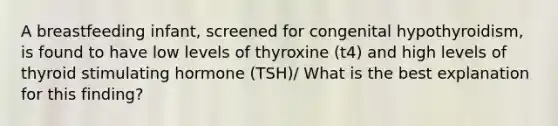 A breastfeeding infant, screened for congenital hypothyroidism, is found to have low levels of thyroxine (t4) and high levels of thyroid stimulating hormone (TSH)/ What is the best explanation for this finding?