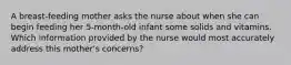 A breast-feeding mother asks the nurse about when she can begin feeding her 5-month-old infant some solids and vitamins. Which information provided by the nurse would most accurately address this mother's concerns?