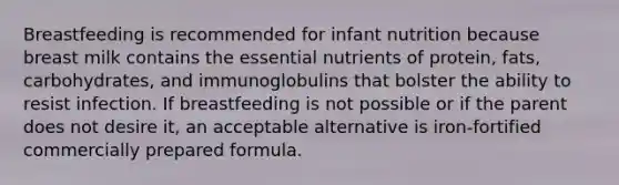 Breastfeeding is recommended for infant nutrition because breast milk contains the essential nutrients of protein, fats, carbohydrates, and immunoglobulins that bolster the ability to resist infection. If breastfeeding is not possible or if the parent does not desire it, an acceptable alternative is iron-fortified commercially prepared formula.