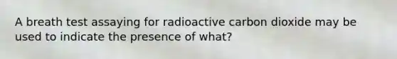 A breath test assaying for radioactive carbon dioxide may be used to indicate the presence of what?