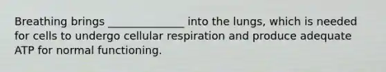 Breathing brings ______________ into the lungs, which is needed for cells to undergo <a href='https://www.questionai.com/knowledge/k1IqNYBAJw-cellular-respiration' class='anchor-knowledge'>cellular respiration</a> and produce adequate ATP for normal functioning.