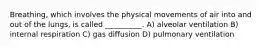 Breathing, which involves the physical movements of air into and out of the lungs, is called __________. A) alveolar ventilation B) internal respiration C) gas diffusion D) pulmonary ventilation