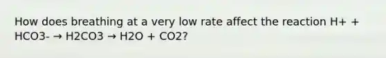 How does breathing at a very low rate affect the reaction H+ + HCO3- → H2CO3 → H2O + CO2?