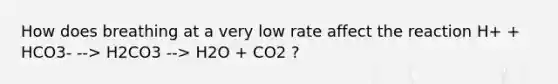 How does breathing at a very low rate affect the reaction H+ + HCO3- --> H2CO3 --> H2O + CO2 ?