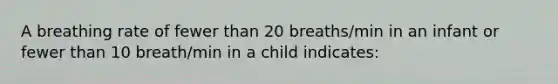 A breathing rate of fewer than 20 breaths/min in an infant or fewer than 10 breath/min in a child indicates: