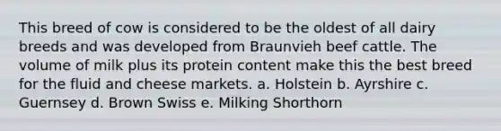 This breed of cow is considered to be the oldest of all dairy breeds and was developed from Braunvieh beef cattle. The volume of milk plus its protein content make this the best breed for the fluid and cheese markets. a. Holstein b. Ayrshire c. Guernsey d. Brown Swiss e. Milking Shorthorn