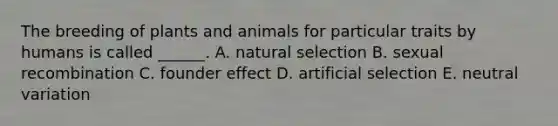 The breeding of plants and animals for particular traits by humans is called ______. A. natural selection B. sexual recombination C. founder effect D. artificial selection E. neutral variation