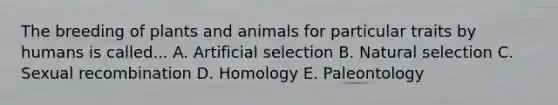 The breeding of plants and animals for particular traits by humans is called... A. Artificial selection B. Natural selection C. Sexual recombination D. Homology E. Paleontology