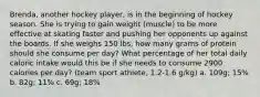 Brenda, another hockey player, is in the beginning of hockey season. She is trying to gain weight (muscle) to be more effective at skating faster and pushing her opponents up against the boards. If she weighs 150 lbs, how many grams of protein should she consume per day? What percentage of her total daily caloric intake would this be if she needs to consume 2900 calories per day? (team sport athlete, 1.2-1.6 g/kg) a. 109g; 15% b. 82g; 11% c. 69g; 18%