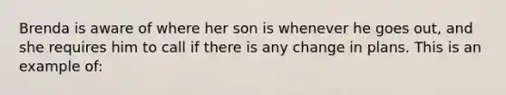 Brenda is aware of where her son is whenever he goes out, and she requires him to call if there is any change in plans. This is an example of: