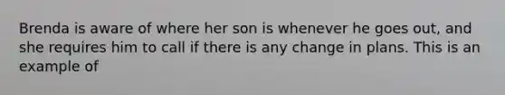 Brenda is aware of where her son is whenever he goes out, and she requires him to call if there is any change in plans. This is an example of