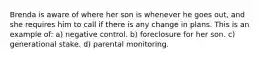 Brenda is aware of where her son is whenever he goes out, and she requires him to call if there is any change in plans. This is an example of: a) negative control. b) foreclosure for her son. c) generational stake. d) parental monitoring.