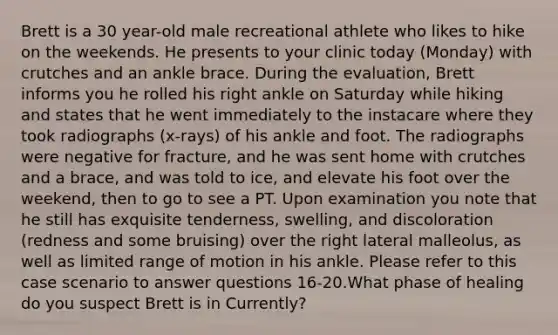 Brett is a 30 year-old male recreational athlete who likes to hike on the weekends. He presents to your clinic today (Monday) with crutches and an ankle brace. During the evaluation, Brett informs you he rolled his right ankle on Saturday while hiking and states that he went immediately to the instacare where they took radiographs (x-rays) of his ankle and foot. The radiographs were negative for fracture, and he was sent home with crutches and a brace, and was told to ice, and elevate his foot over the weekend, then to go to see a PT. Upon examination you note that he still has exquisite tenderness, swelling, and discoloration (redness and some bruising) over the right lateral malleolus, as well as limited range of motion in his ankle. Please refer to this case scenario to answer questions 16-20.What phase of healing do you suspect Brett is in Currently?